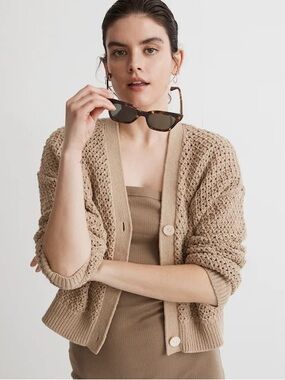 Madewell Open-Stitch Drop Shoulder Brown Crop Cardigan Sweater Long Sleeves XXL